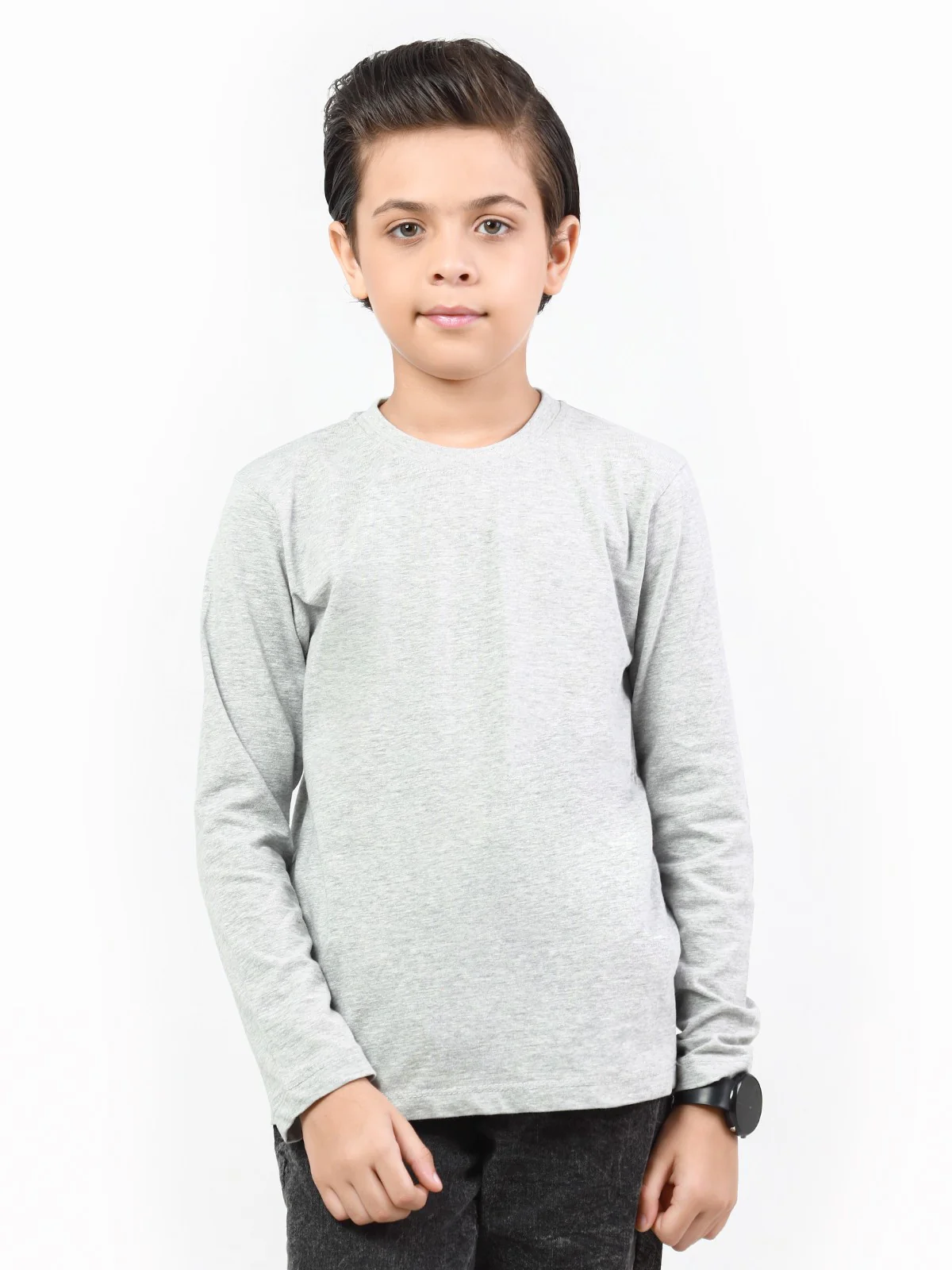 Boy's Heather Grey Full Sleeves Basic Tee - EBTBF22-004 - Image 3