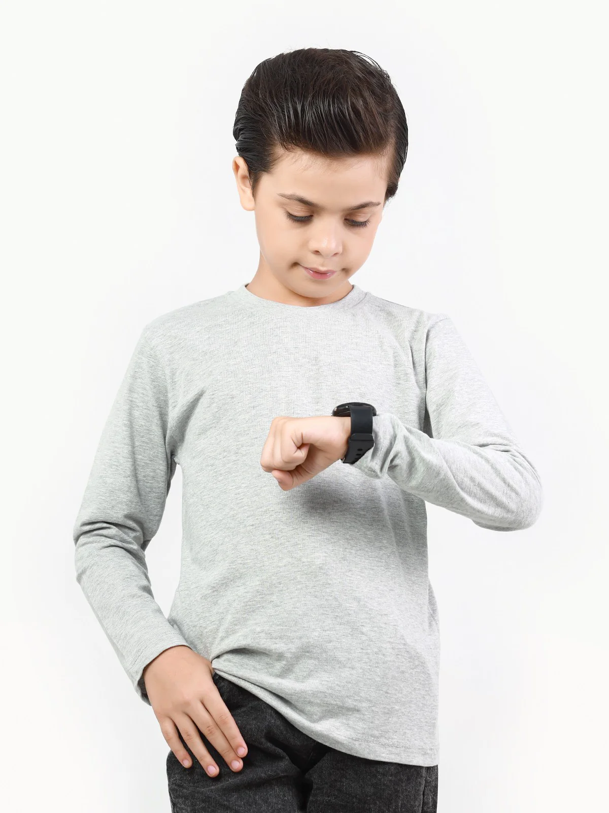 Boy's Heather Grey Full Sleeves Basic Tee - EBTBF22-004 - Image 4