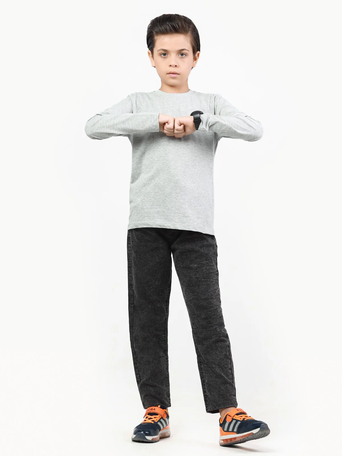 Boy's Heather Grey Full Sleeves Basic Tee - EBTBF22-004 - Image 5