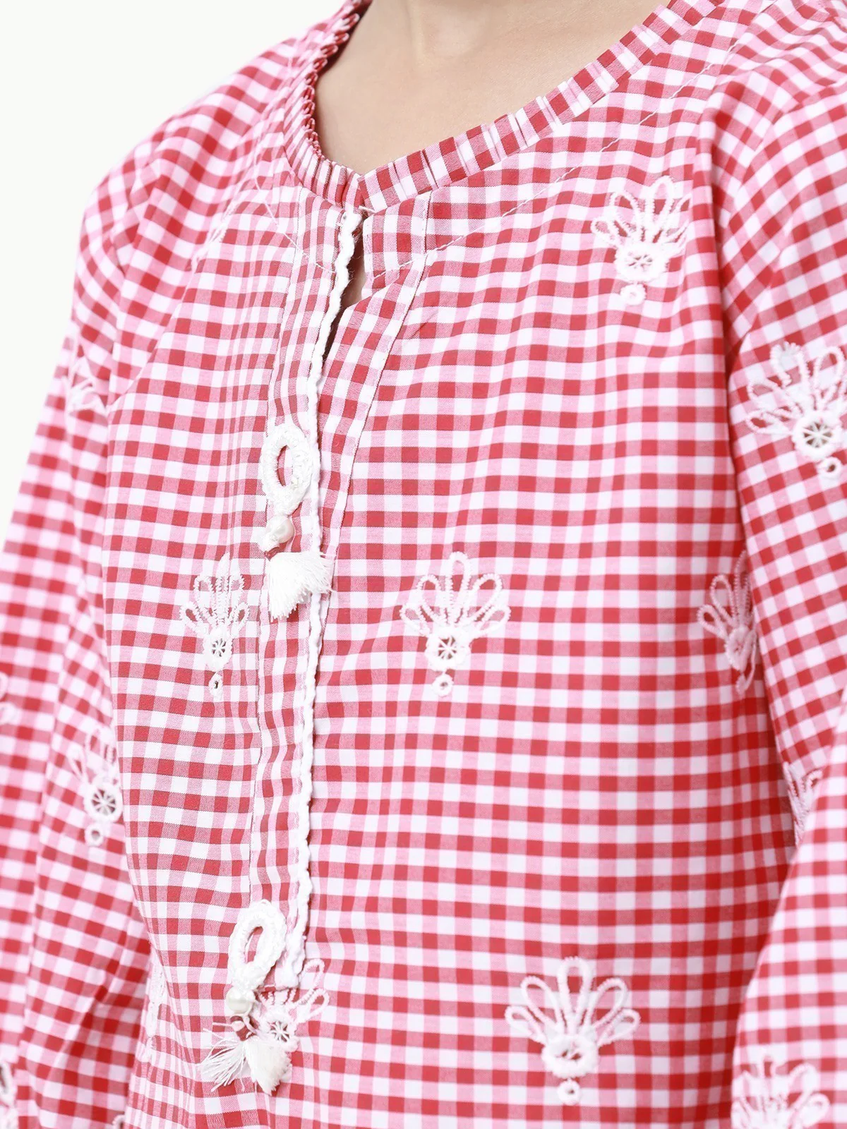 Girl's Red & White Cambric Kurti - EGTKE23-70578 - Image 3