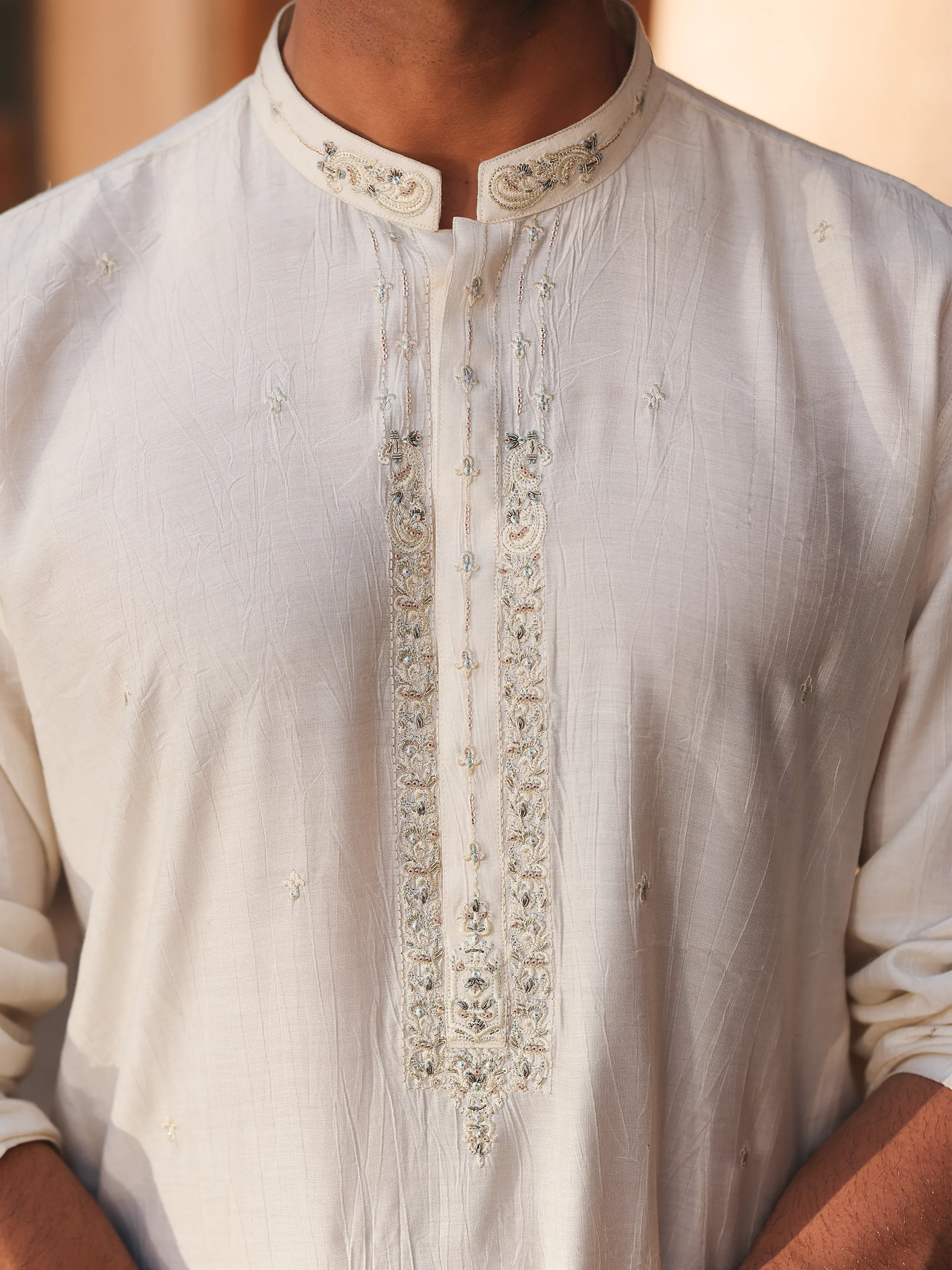 Men's Cream Kurta - EMTKC5-156 - Image 3