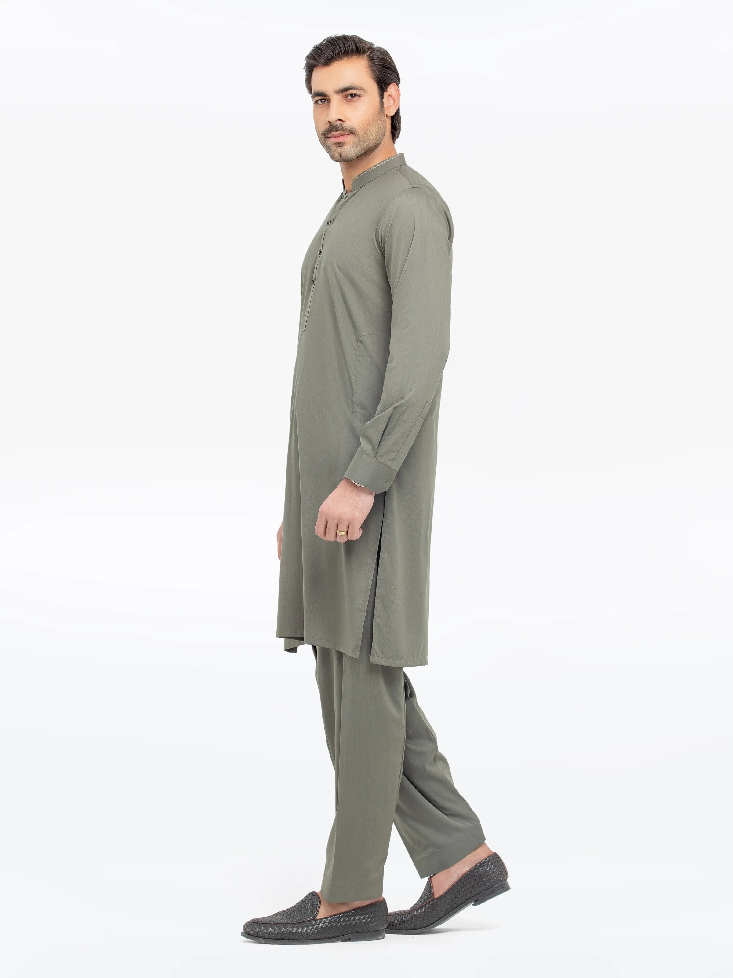 Men's Sage Green Shalwar Kameez - EMTKST5-99538 - Image 5