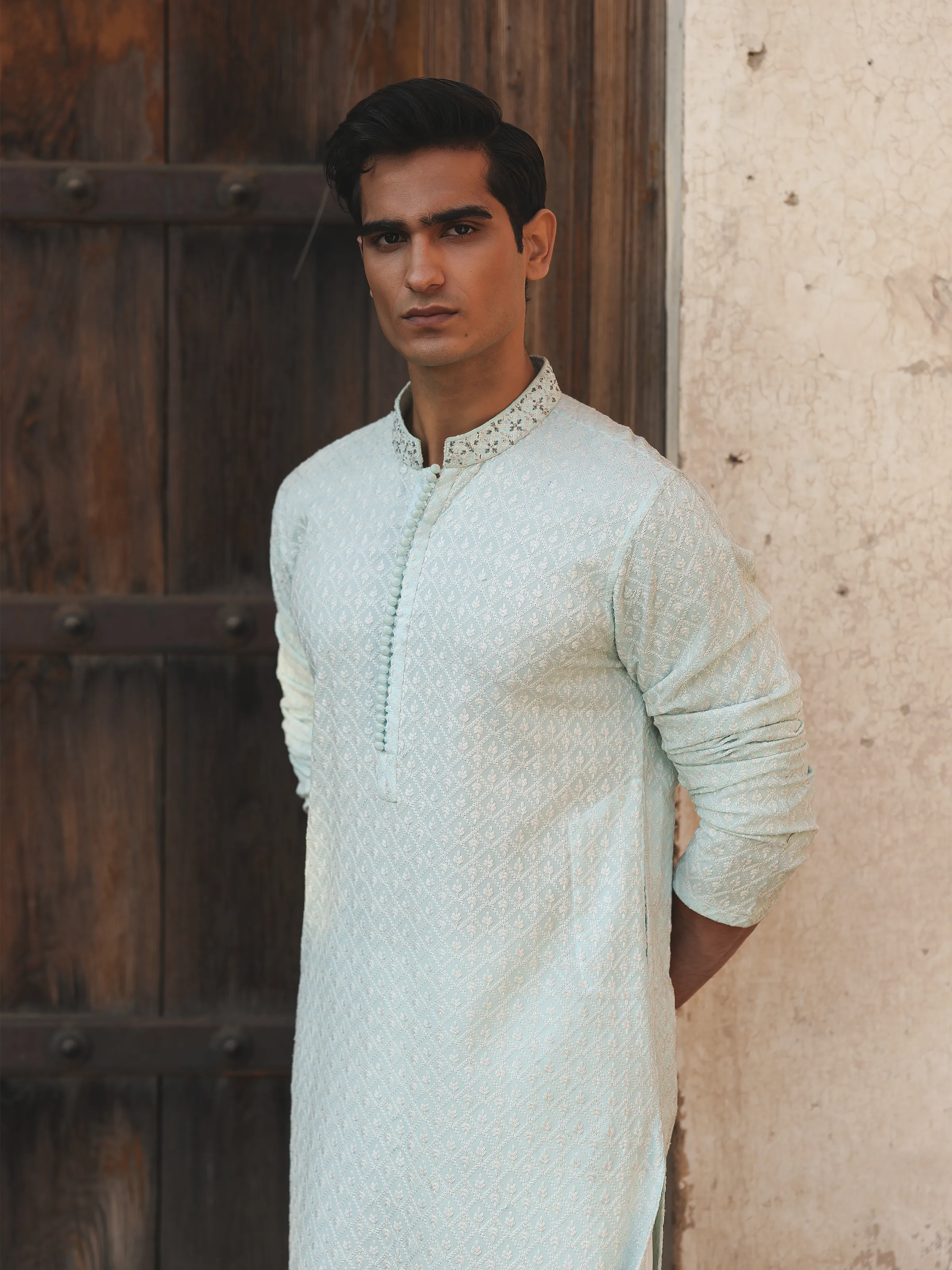 Men's Sky Blue Kurta Pajama - ECMTKP5-010 - Image 4
