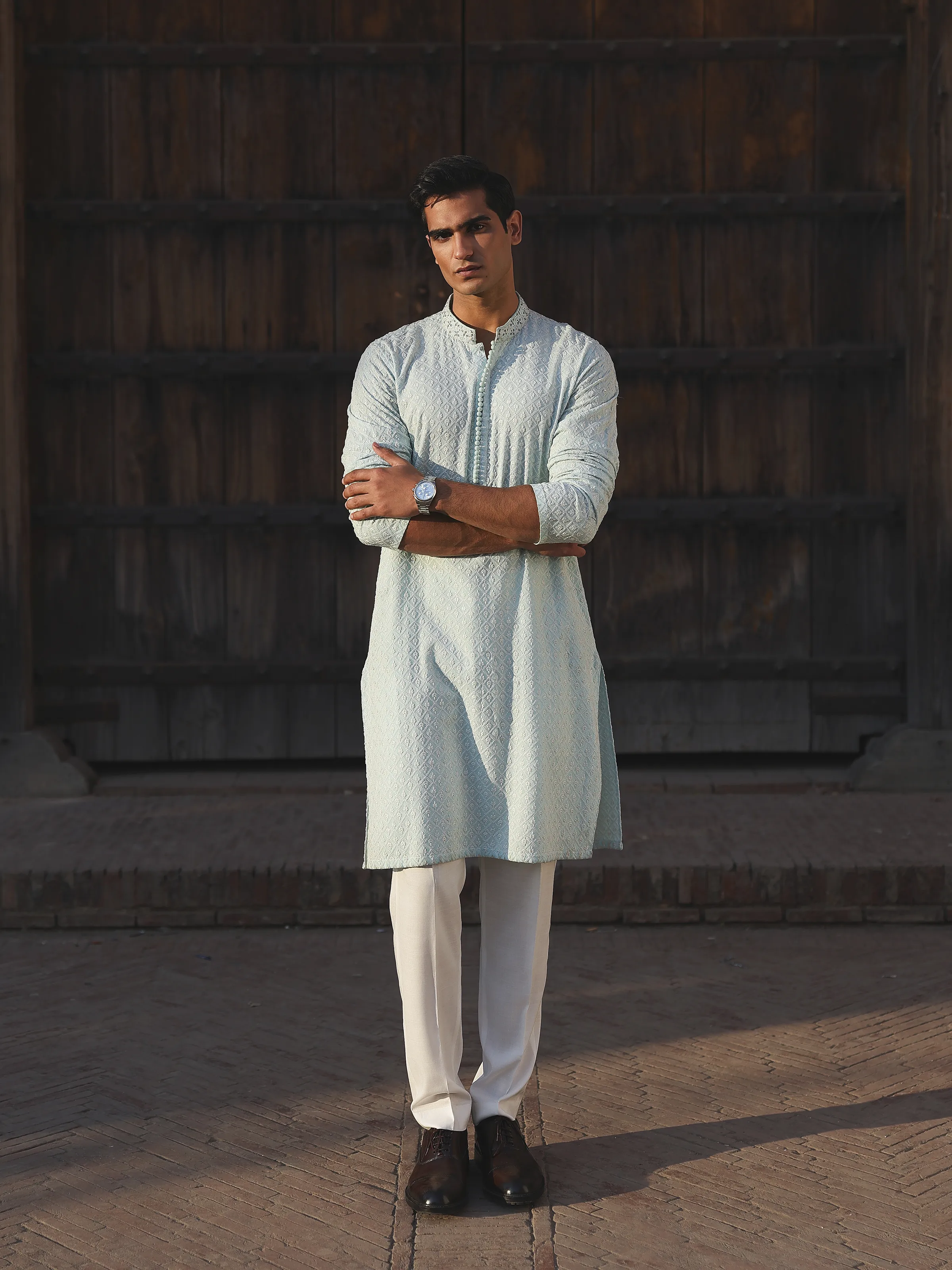 Men's Sky Blue Kurta Pajama - ECMTKP5-010 - Image 6